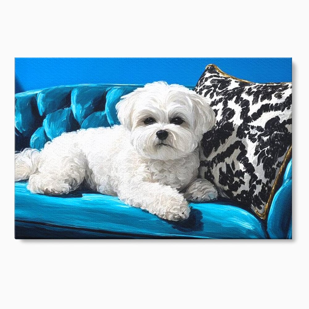 Tablou canvas cu pictura cu bichon alb pe canapea, fara rama, pe sasiu de lemn